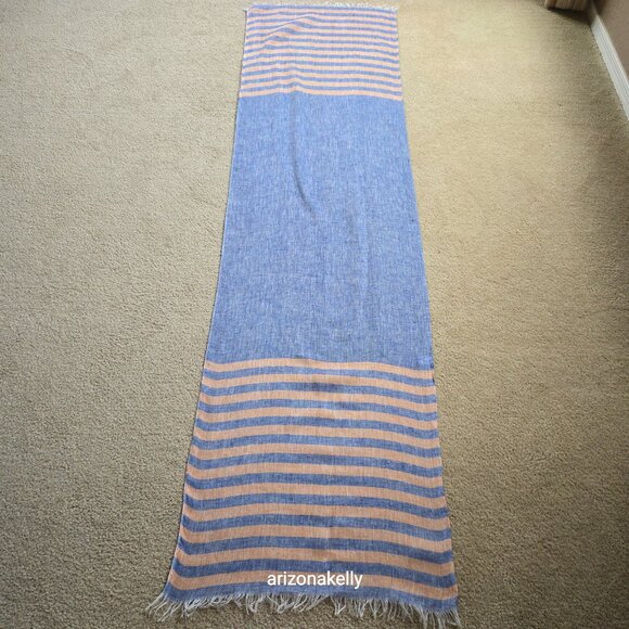 Puro Lino Linen Scarf Blue and Peach Stripe - Picture 4 of 8